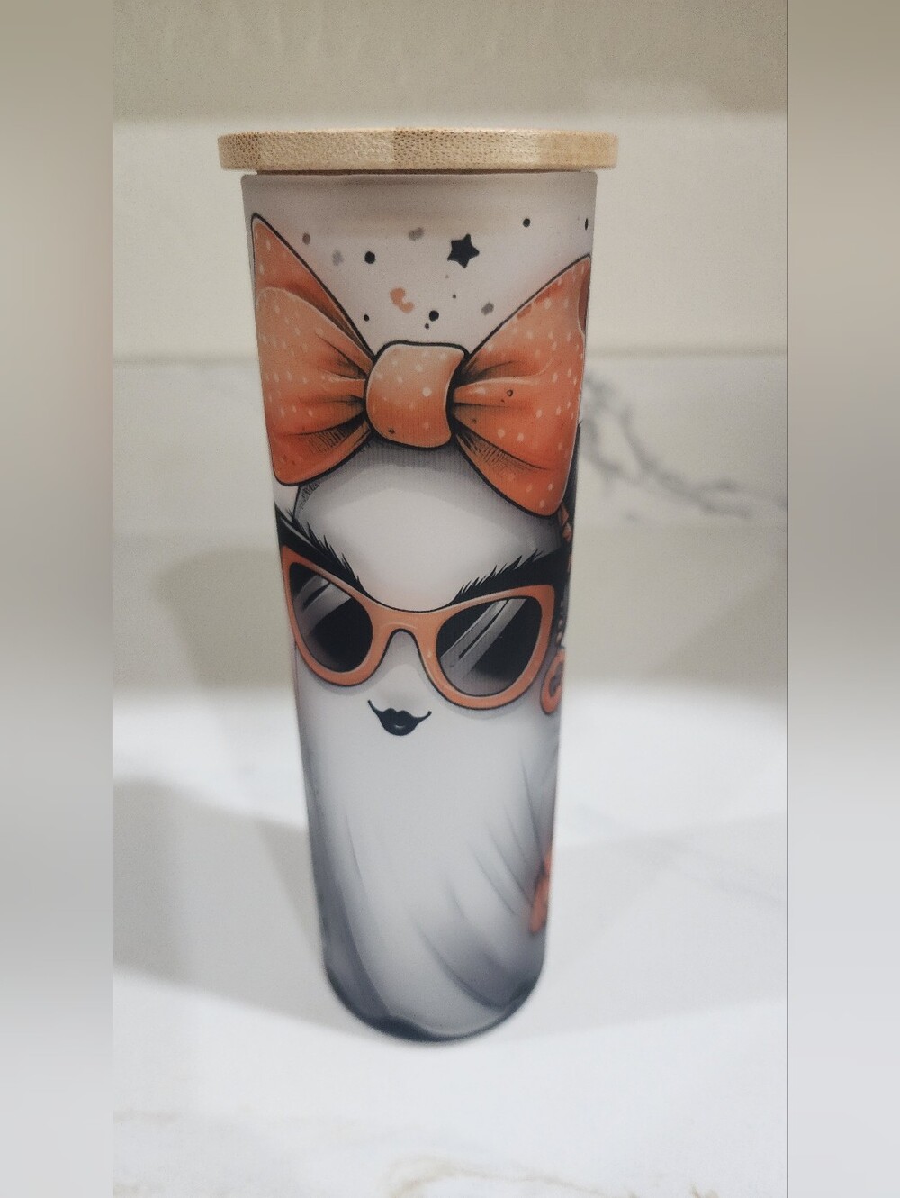 Halloween Ghost Frosted Skinny Glass  Tumbler with Bamboo Lid 20oz